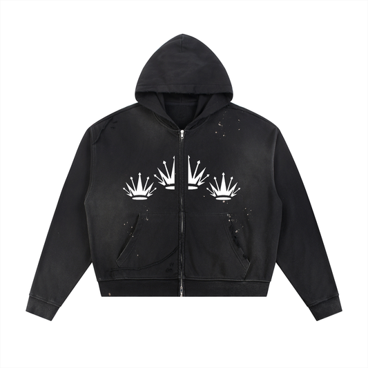 Sun Fade Frayed Raw Edge Fleece Zip Hoodie
